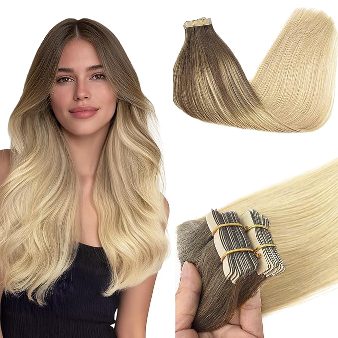 GOO GOO Tape in Hair Extensions Human Hair, 4/18 Balayage Chocolate Brown Highlighted Dirty Blonde, 22inch 50g 20pcs, Skin Weft Seamless Invisible, Silky Straight with Thick Ends, Remy Human Hair