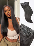 LUVME Yaki Straight Seamless 110g 7Pcs Clip in Hair Extensions Full Max with 16inch Remy Human Hair Extensions, Natural Black 100% Real Soft Hair