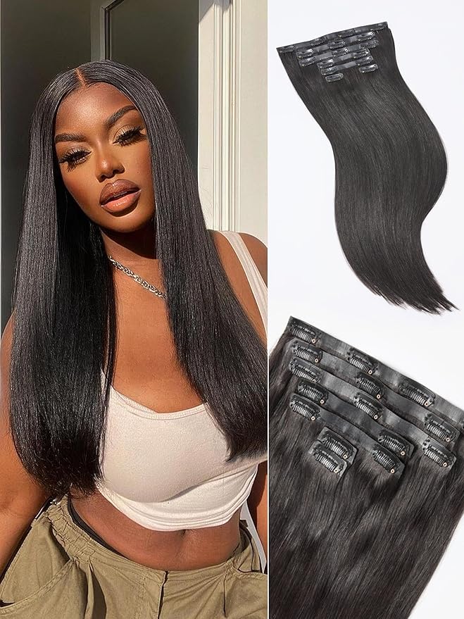 LUVME Yaki Straight Seamless 110g 7Pcs Clip in Hair Extensions Full Max with 16inch Remy Human Hair Extensions, Natural Black 100% Real Soft Hair