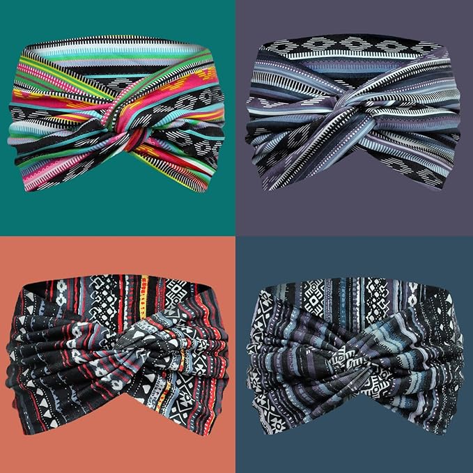 IVARYSS Extra Wide Boho Headbands for Women Non-Slip, 7'' Large Twist Knotted Stretchy Wraps Head Bands Hair Accessories, 4 Pack