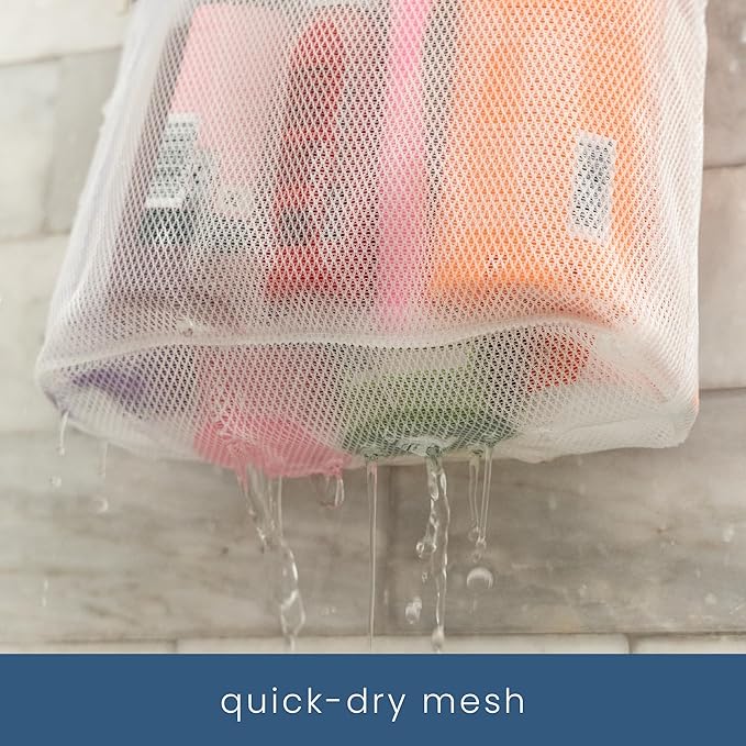 S&T INC. Mesh Shower Caddy, Shower Bag for Dorm Room Essentials, Gym Bag, Camping and More, Two Zippered Pockets, White and Pink, 10 Inches x 10 Inches