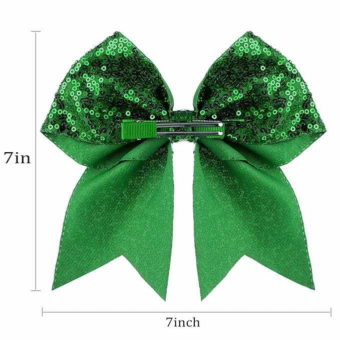 Large Glitter Cheer Bows Clips, Jumbo Big 7 Inch Cheerleading Sequin Hair Bow Hair Accessories for Teens Girls Football Sports Cheerleader Outfit Uniform (Green)