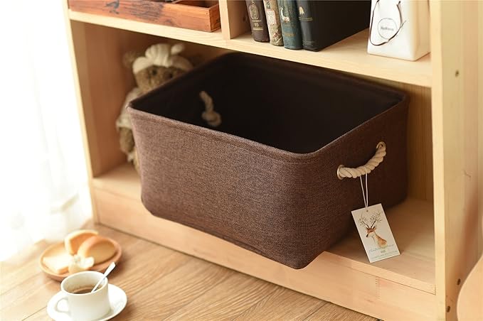TheWarmHome Decorative Basket Rectangular Fabric Storage Bin Organizer Basket with Handles for Clothes Storage (Brown, Large-1Pack,15L*10.5W*8H)