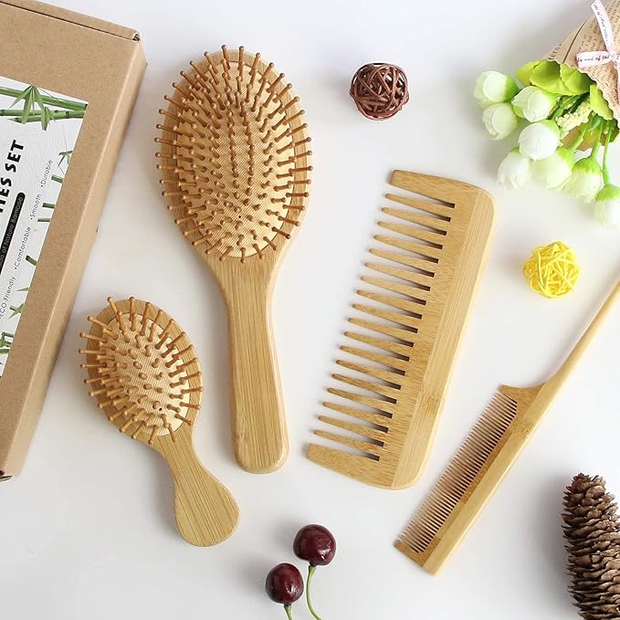 MRD Hair Brush Set, Natural Bamboo Comb Paddle Detangling Hairbrush, Wide-tooth and tail comb No Bristle, suit for Women Men and Kids Thick/Thin/Curly/Dry Hair Gift kit