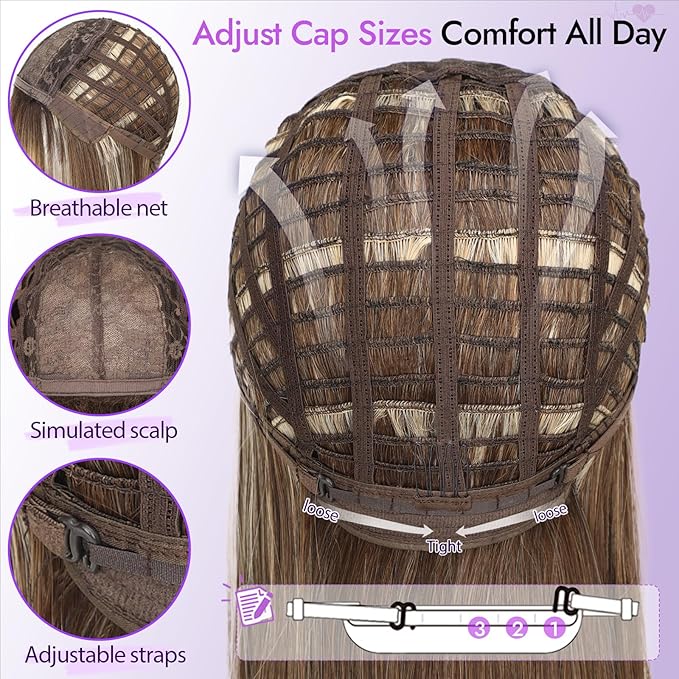 Wig with Bangs for Women Brown Blonde Highlight Straight Face-Framing Layers Hairstyle 4x4 Realistic Scalp Glueless Synthetic Wigs Medium Length for Everyday Use