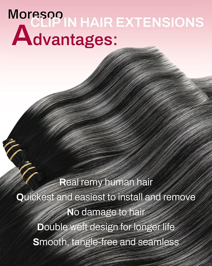 Moresoo Silver Grey Hair Extensions Real Human Hair Clip ins Balayage Black to Silver Double Weft Human Hair Clip in Extensions Short Straight Hair Extensions for Women 80g/5pcs 14in