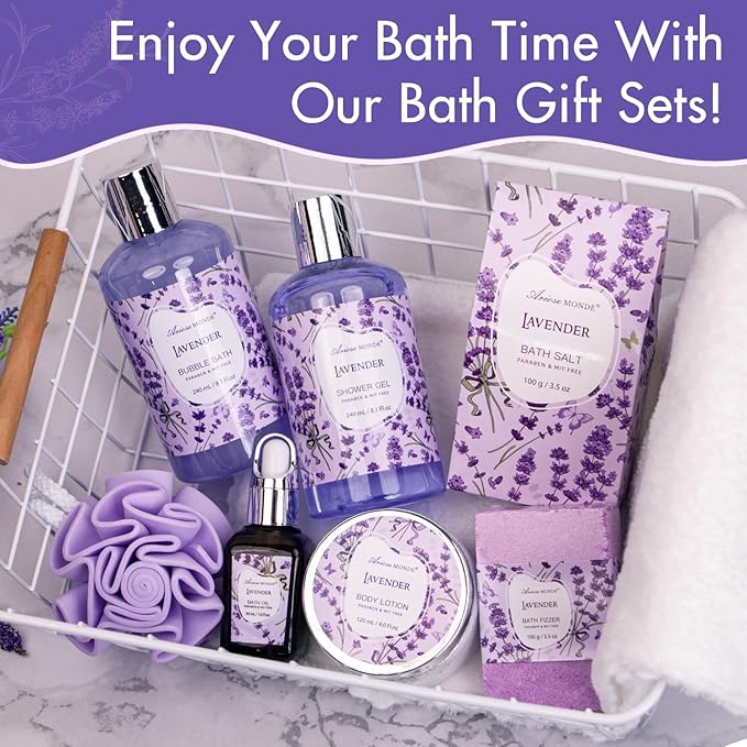 Bath Gift Baskets for Women, Lavender Relaxing Spa Gifts, Bath Spa Gift Basket for Women, Self Care Gifts, Care Package, Home Spa Products, Birthday Gifts , Gifts for her