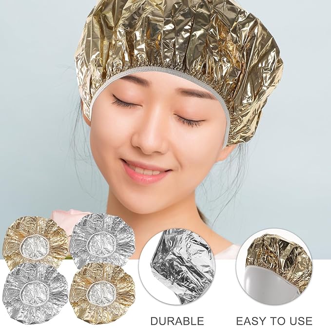 4pcs Hair Coloring Tin Foil Caps with Elastic Band Deep Conditioning Heat Insulation Hats for Salon and Home Use Reusable Aluminum Foil Hair Treatment Caps for Coloring Perms and