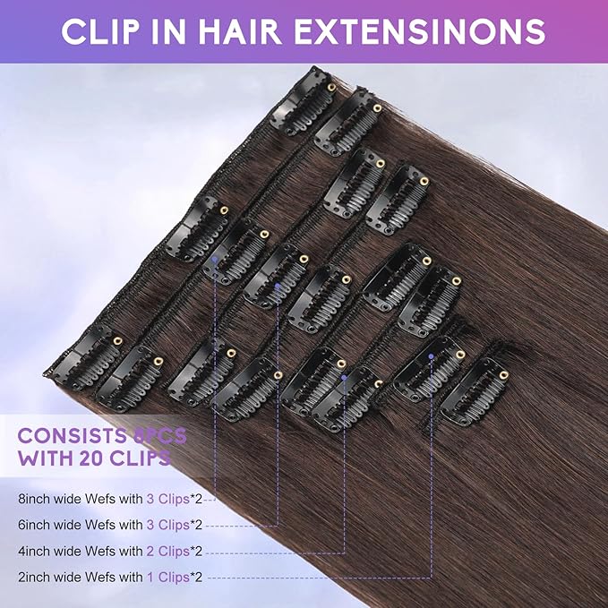 Dark Brown Clip in Hair Extensions Real Human Hair Invisible Seamless Remy Human Hair Clip in Extensions for Women 18 Inch 100g, 8pcs Per Set with Double Weft