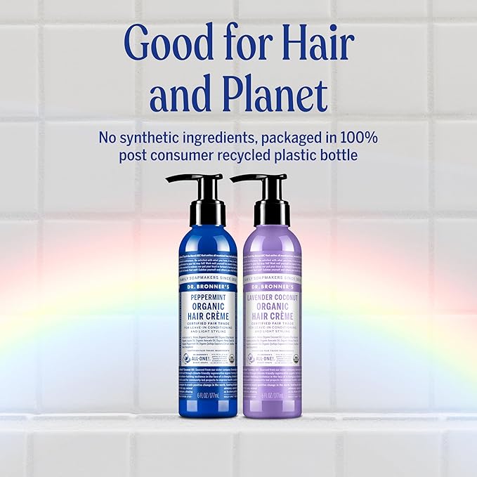 Dr. Bronner's - Organic Hair Crème (Peppermint, 6 Ounce, 2-Pack) - Leave-In Conditioner and Styling Cream, Made with Organic Oils, Hair Cream Supports Shine and Strength, Nourishes Scalp, Non-GMO
