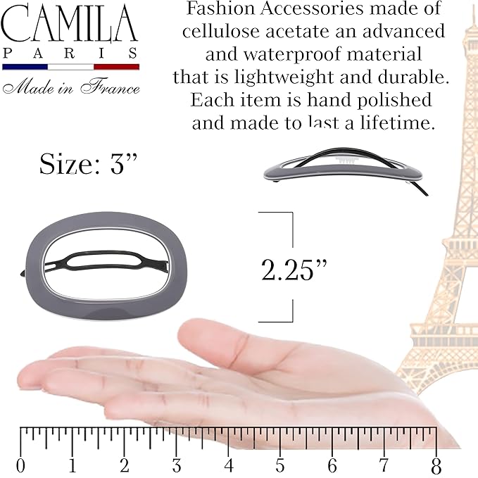 Camila Paris CP3356 French Hair Barrette Clip for Women, Handmade, Gray White, Slide-in Metal-Free Closure, Strong Hold Grip Hair Clips for Girls, No Slip Durable Hair Accessories, Made in France