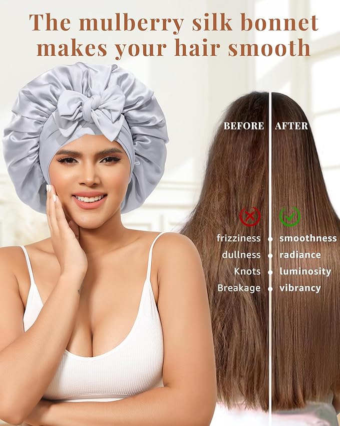 AWAYTR Silk Bonnet for Sleeping Women 100% Mulberry Silk Bonnet with Band 2 Layer Reversible Hair Bonnet Sleeping Hair Wrap (Black/Silver Grey)