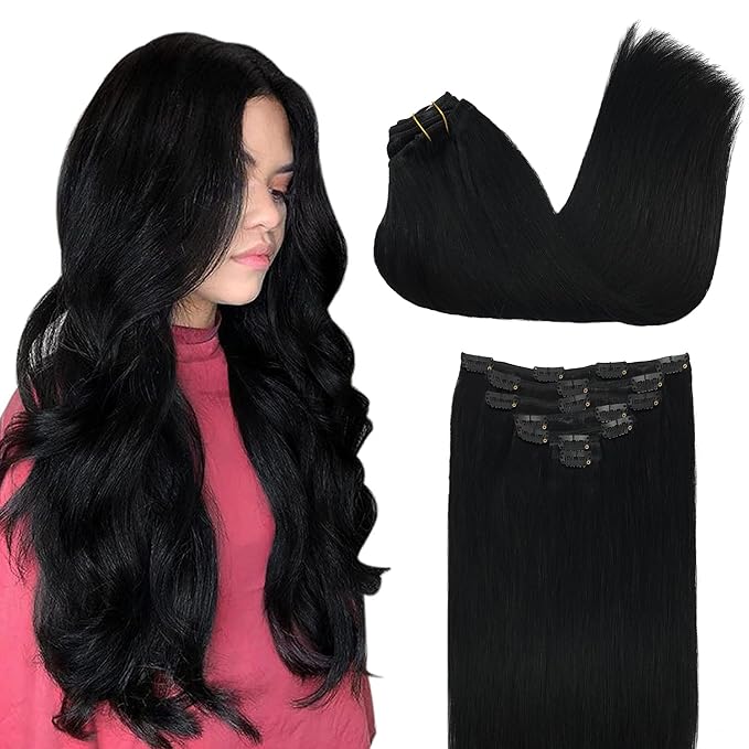 GOO GOO Clip in Hair Extensions Real Human Hair, Remy Human Hair Extensions Clip ins for Women, Natural Human Hair, 16inch 120g 7Pcs, 1 Jet black