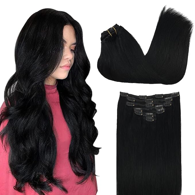 GOO GOO Clip in Hair Extensions Real Human Hair, Remy Human Hair Extensions Clip ins for Women, Natural Human Hair, 12inch 85g 7Pcs, 1 Jet black