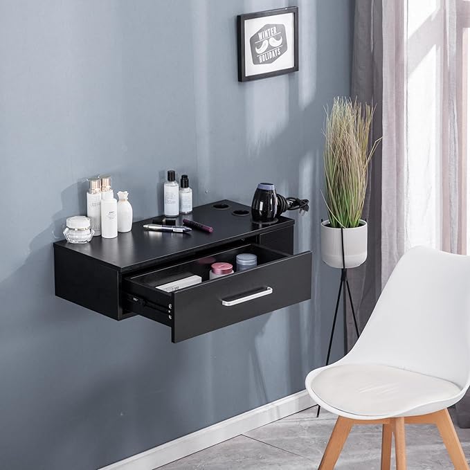 BarberPub Locking Wall Mount Styling Station with 3 Hair Dryer Holders Barber Beauty Spa Salon Equipment 3036-2 (Black)