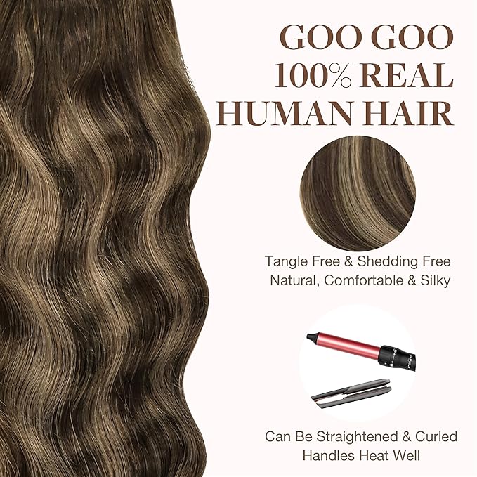 GOO GOO Tape in Hair Extensions Human Hair, 4/27/4 Balayage Chocolate Brown to Caramel Blonde, 18inch 100g 40pcs, Skin Weft Seamless Invisible, Silky Straight with Thick Ends, Remy Human Hair