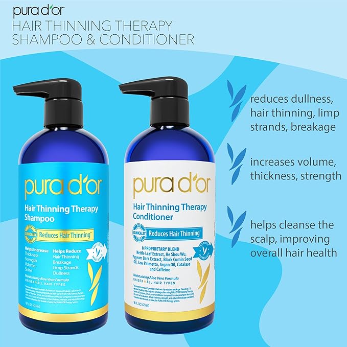 PURA D'OR Hair Thinning Therapy Biotin Shampoo and Conditioner Set, CLINICALLY TESTED Effective Results, Hair Thickening Products For Women & Men, Natural Routine, Color Safe, 16oz x2
