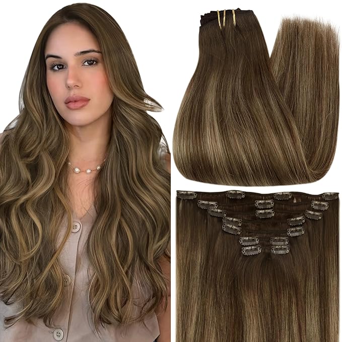 Full Shine Human Hair Clip in Extensions Brown Hair Extensions Clip in Human Hair 18 Inch Medium Brown Ombre Caramel Blonde Invisible Hairpiece for Long Straight Hair 7 Pcs 120 G