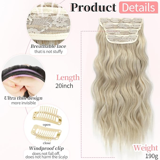 KooKaStyle Clip in Synthetic Hair Extensions Long Wavy 4PCS Thick Hairpieces Bleach Blonde mix Light Blonde Fiber Double Weft Natural Hair Extensions 20 Inch for Women