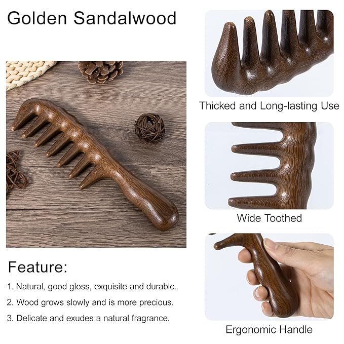 Wooden Wide Tooth Comb, 2 Pack Large Thicken Natural Sandalwood Hair Combs for Curls, Women and Men, Detangles Long Thick Wet or Dry Hair, Head Scalp Massager, Anti-static (Golden Sandalwood)