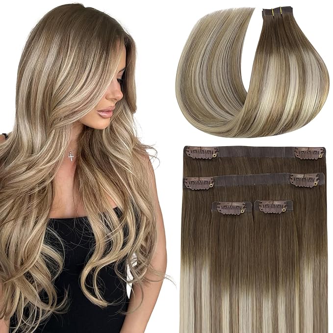 Full Shine Seamless Clip in Hair Extensions Real Human Hair, 18Inch Balayage Brown to Ash Brown Highlight Medium Blonde Clip in Hair Extension with PU Weft for Women, 4Pcs 85g
