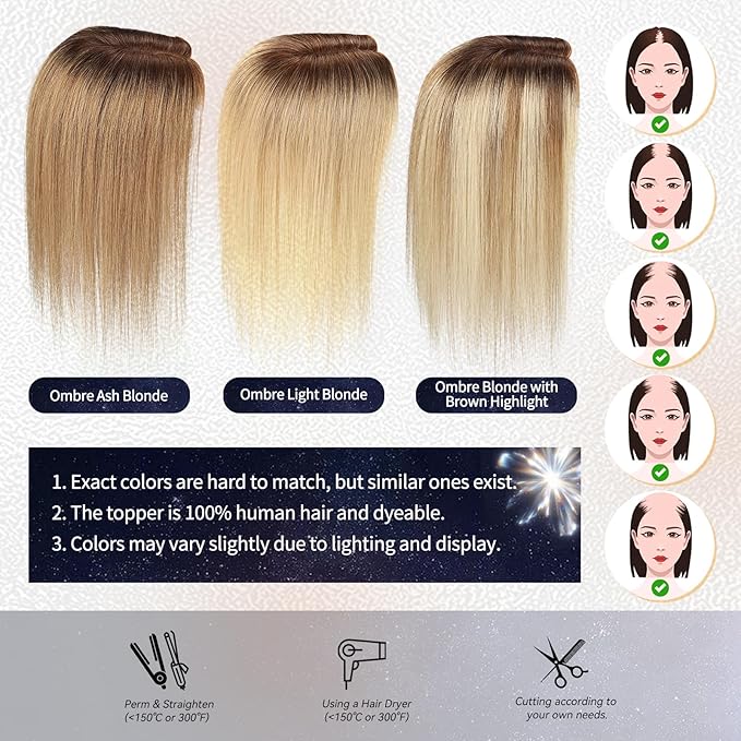 starluck Hair Toppers for Women Real Human Hair,6"*5.5"MONO Large Base,100% Real HumanHair Toppers for Women with Thinning,65g Hand-moven Topper,Gray Roots,High Volume,Ombre Light Blonde