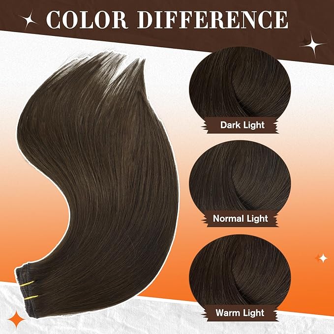 Full Shine Dark Brown Clip in Hair Extensions Real Human Hair 16 Inch Clip in Human Hair Extensions Lace Base Hair Extensions Color 2 Dark Brown Clip in Hair for Women 3 Pcs 60Grams