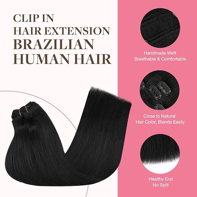 GOO GOO Clip in Hair Extensions Real Human Hair, Remy Human Hair Extensions Clip ins for Women, Natural Human Hair, 20inch 150g 9Pcs, 1 Jet black