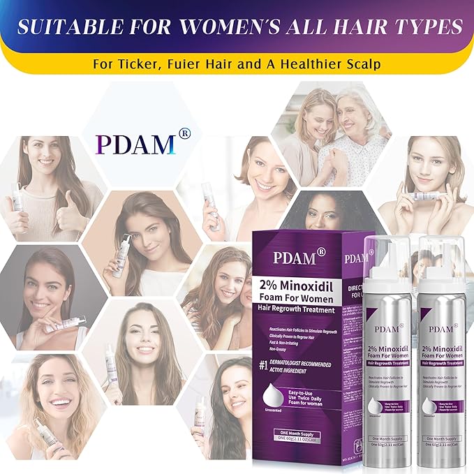 Minoxidil for Women Foam Hair Growth - Minoxidil Hair Regrowth Treatment for Women, Topical Solution Hair Loss Treatments, Thicker and Fuller Hair, 2-Month Supply, 2 x 2.11 oz