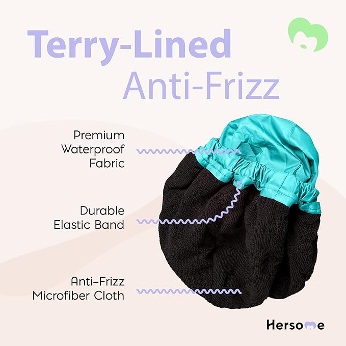 Premium Shower Cap for Women with Long Hair. Reusable, 100% Waterproof, Double-Sided, Great For Curls with Anti-Frizz Fabric terry-lined. Black shower caps for women