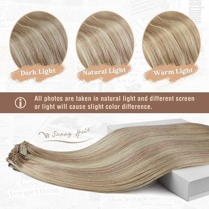 Ve Sunny Real Hair Extensions Clip in Human Hair Full Head Remy Blonde Hair Extensions Clip in Highlight Extension for Women Warm Color 7pcs 120g 18inch