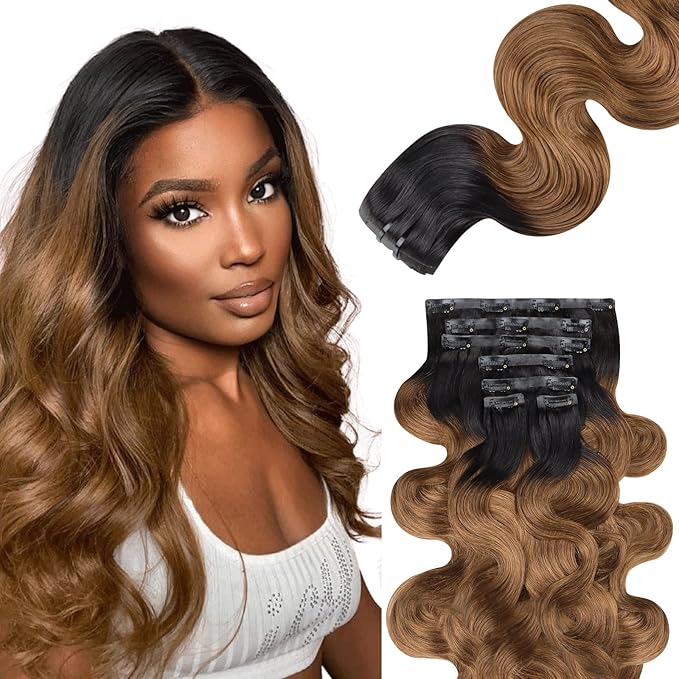 Lashey Seamless Clip in Hair Extensions Human Hair 110g 7pcs Body Wave Ombre Natural Black to Medium Auburn Real Human Hair Hair Extensions 24 Inch