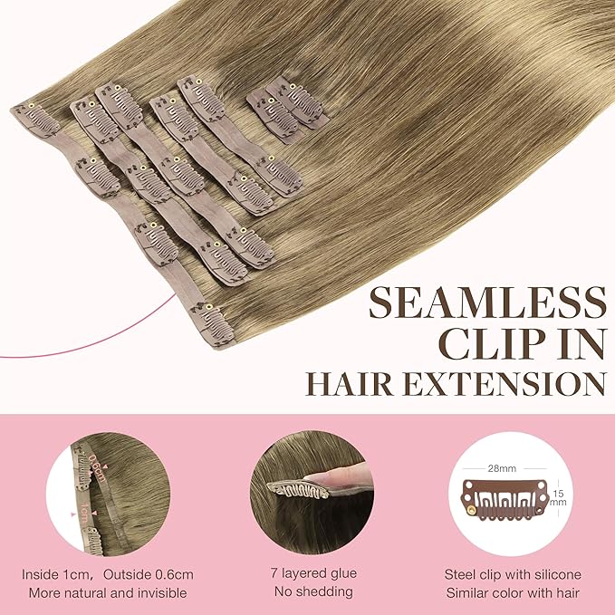 GOO GOO Clip in Hair Extensions Real Human Hair, Remy Human Hair Extensions Clip ins for Women, Natural Human Hair, 20inch 110g 7Pcs, 7 Bronde