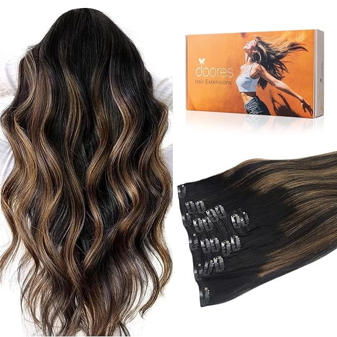 DOORES Hair Extensions Real Human Hair, Balayage Natural Black to Chestnut Brown 18 Inch 135g 7pcs, Remy Extensions Clip ins Real Straight Thick