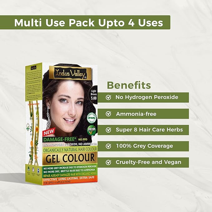 Indus Valley Natural Organic Damage Free Gel Hair Color | Ammonia Free, Vegan & Cruelty Free | Up to 100% Gray Coverage, Long Lasting Results | Light Brown 5.0 (20gram+200ml)