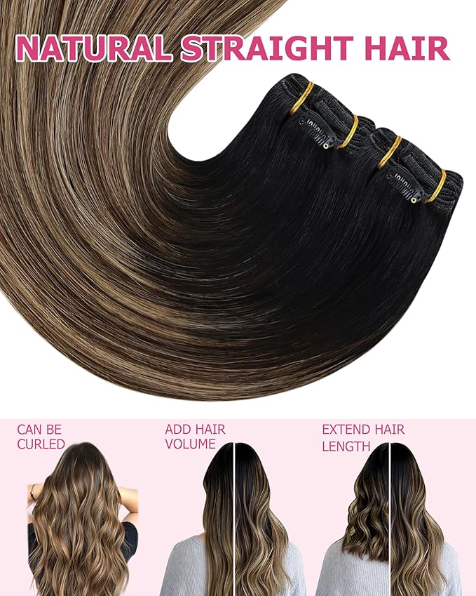 YoungSee 135G Clip in Human Hair Extensions Black Ombre Hair Extensions Clip ins Balayage Black Roots to Brown with Caramel Blonde Clip on Hair Extension Real Human Hair 18In 7Pcs