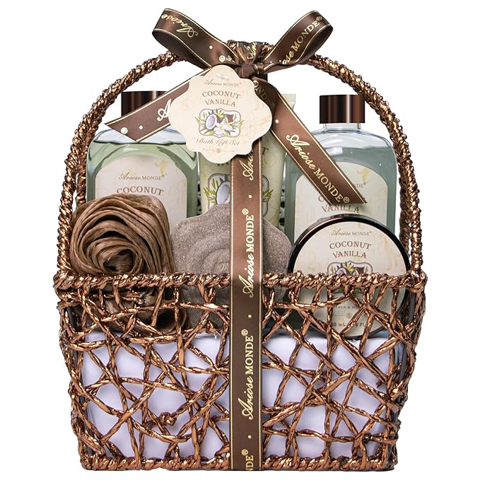 Spa Gift Baskets - Coconut Vanilla Bath Gift Set for Women, Luxury Relaxing Spa Kit with Bath Bombs, Body Lotion and Body Scrub, Birthday Gifts for Women, Christmas Spa Gifts for Mom