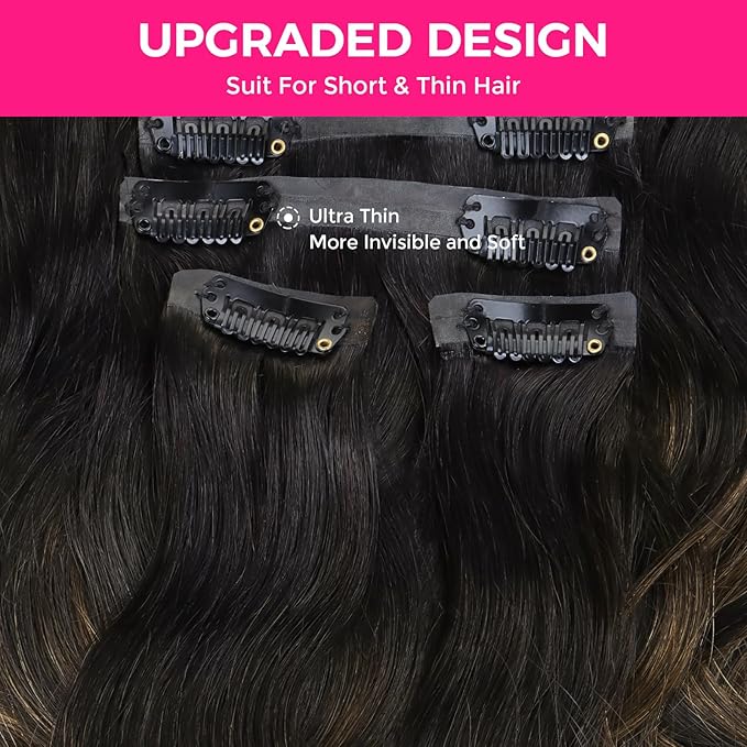 Lashey Seamless Clip in Hair Extensions Remy Human Hair Natural Black Mixed Chestnut Brown 110g 7pcs Body Wave 24 Inch