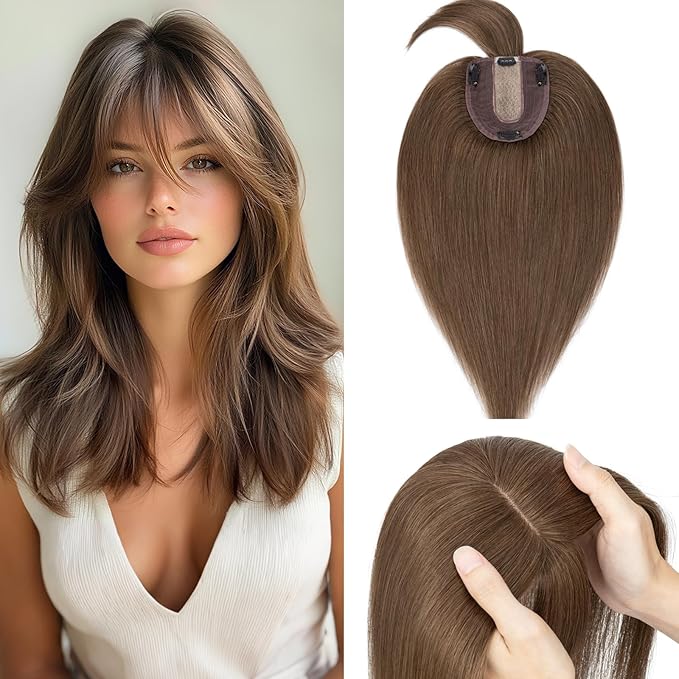 Rich Choices Real Human Hair Toppers for Women With Bang 100% Remy Human Hair Topper for Thinning Hair Clip in Silk Base Hair Topper 14 Inch #4R Chestnut Brown