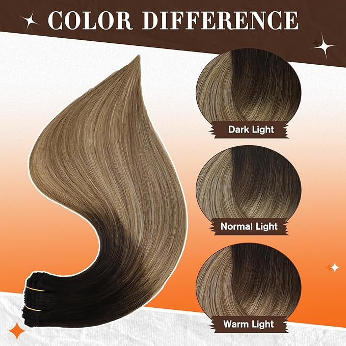 Full Shine Clip in Hair Extensions Human Hair Black Roots Hair Clip in Extensions Balayage Remy Hair Ombre Brown with Honey Blonde Straight Clip ins Ease of Use 3 PCS 60 G