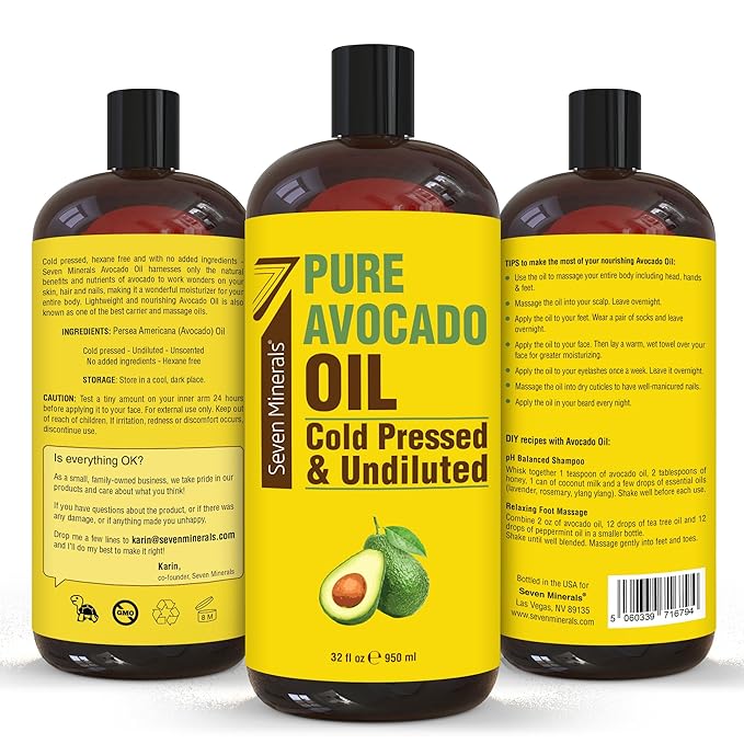 NEW Cold Pressed Avocado Oil For Hair, Skin, & Face - Big 32oz - Premium Grade & Hexane Free, 100% Pure, GMO Free, & Non-Greasy Carrier Oil for Natural Hair and Skincare - Great with Essential Oils