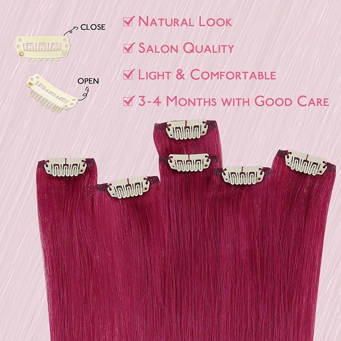 WENNALIFE Burgundy Red Clip in Hair Extensions Real Human Hair 35g 6pcs 16 Inch Colored Hair Extensions for Kids Women Colorful Hair Pieces Pop-up Style Straight Extensiones De Cabello Humano Con Clip