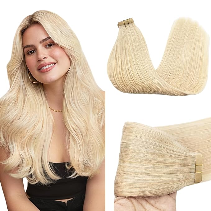 GOO GOO Tape in Hair Extensions Human Hair, 613R Bleach Blonde, 22inch 50g 20pcs, Skin Weft Seamless Invisible, Silky Straight with Thick Ends, Remy Human Hair