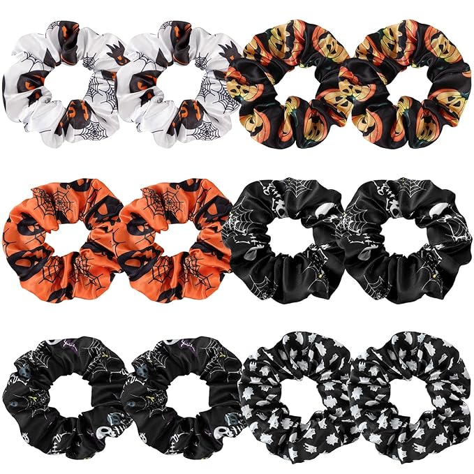 12PCS Halloween Scrunchies Soft Boo Basket Spooky Skeleton Bats Orange Fall Pumpkin Gifts Hair Ties Big Scrunchy Elastics Hair Bands Ponytail Holder Cute Halloween Accessories for Women Girls