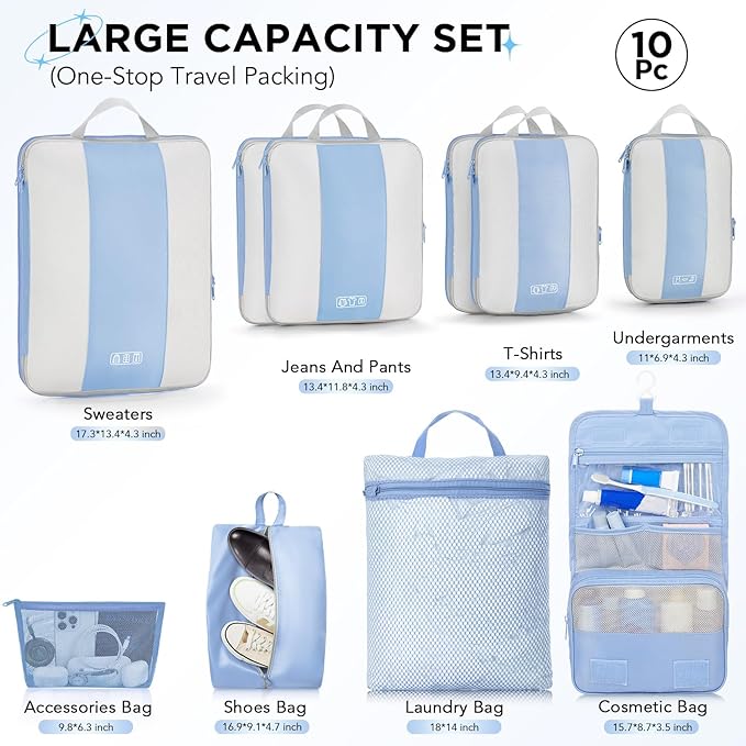 10 Set Compression Packing Cubes for Travel Essentials,Compressible Expandable Packing Cubes for Suitcase,OlarHike Luggage Organizer Bags for Travel,Handy Helper for Organizing Clothes(Light Blue)