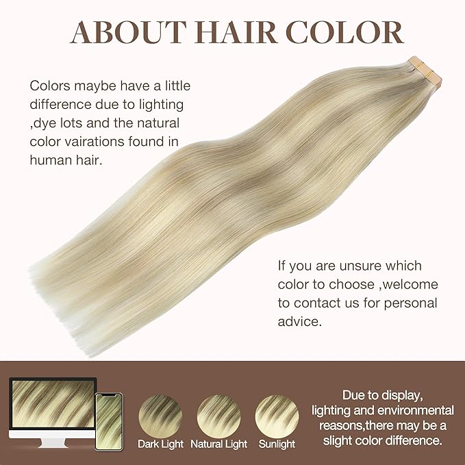GOO GOO Tape in Hair Extensions Human Hair, 17A/60A Ash Blonde Highlighted Platinum Blonde, 22inch 50g 20pcs, Skin Weft Seamless Invisible, Silky Straight with Thick Ends, Remy Human Hair