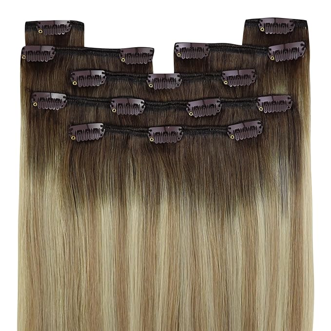 YoungSee Balayage Clip in Hair Extensions Walnut Brown Ombre Light Brown with Blonde Clip in Extensions Balayage Real Hair Extension Clip in Human Hair for Short Hair 12Inch 85G 7Pcs