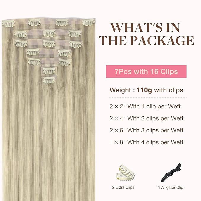 GOO GOO Clip in Hair Extensions Real Human Hair, Remy Human Hair Extensions Clip ins for Women, Natural Human Hair, 18inch 110g 7Pcs, 17A/60A Ash Blonde Highlighted Platinum Blonde