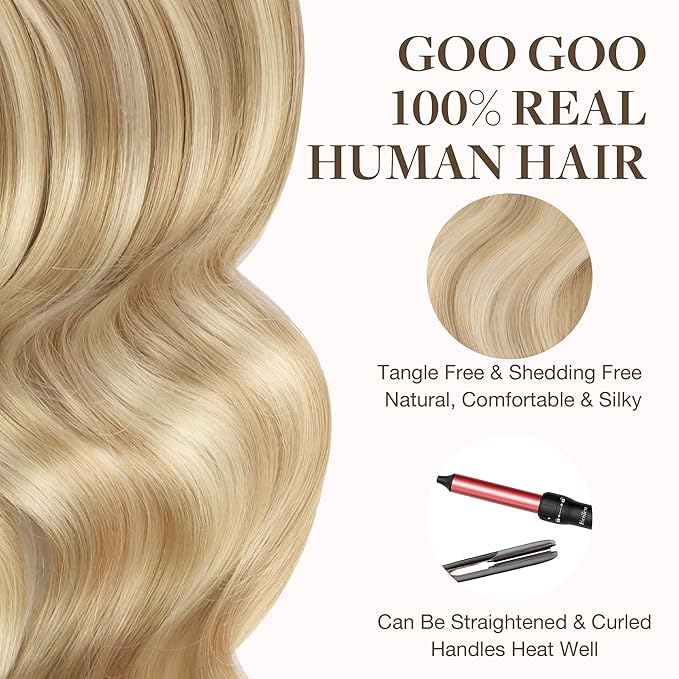 GOO GOO Tape in Hair Extensions Human Hair, 18A/613A Dark Blonde Highlighted Bleach Blonde, 20inch 50g 20pcs, Skin Weft Seamless Invisible, Silky Straight with Thick Ends, Remy Human Hair