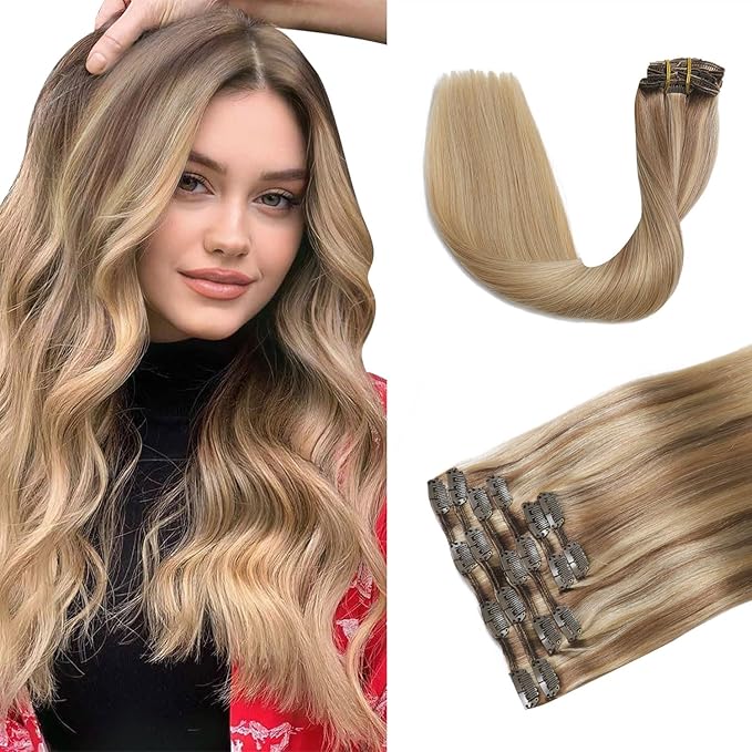 XDhair Human Hair Clip in Extensions 120g 20 Inch Balayage Blonde Human Hair Extensions Clips ins Golden Brown to Light Blonde Clip in Hair Extensions for Women #10/27/27 20 Inch